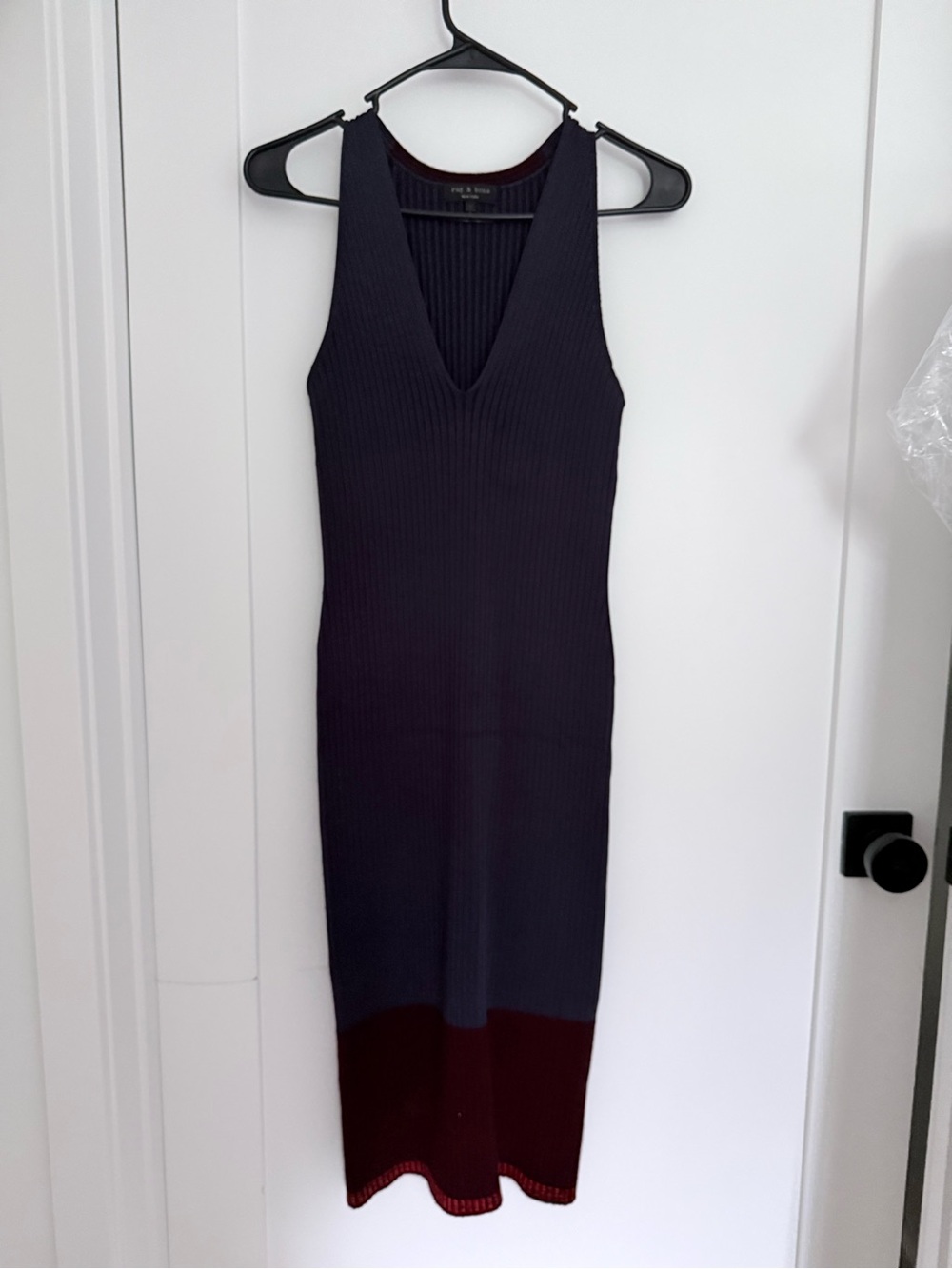 rag & bone Navy Midi Ribbed V-Neck Dress with Burgundy Hem